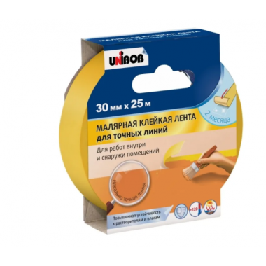 Лента клейкая малярная желтая для точных линий  30ммх25м UNIBOB 91034